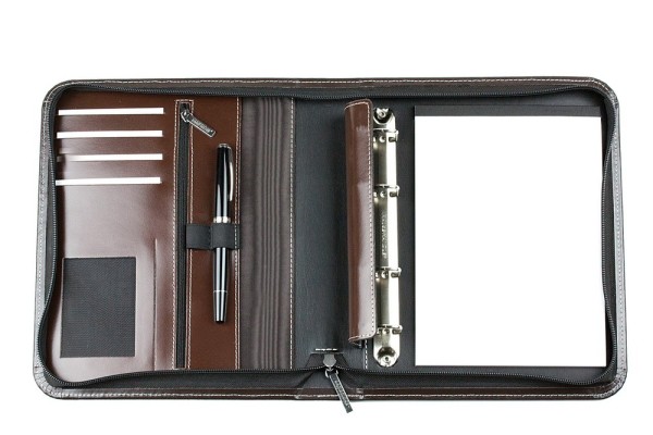 Design Ringbuch DIN A5, incl. Memoblock, 4-Ring-25mm-Combimechanik CAMBRIDGE Top Grain Rindspaltleder mit heller Kontrastnaht dunkelbraun