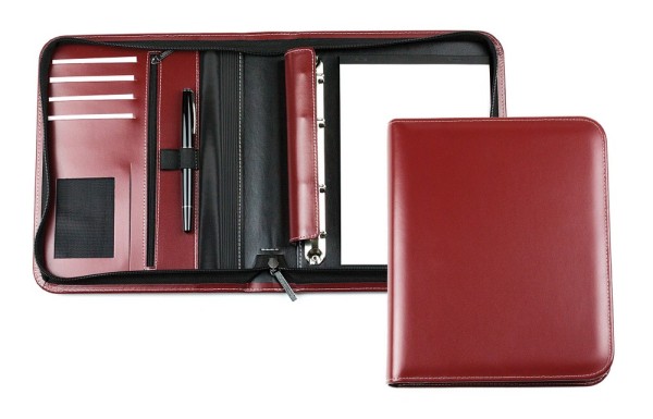 Design Ringbuch DIN A5, incl. Memoblock, 4-Ring-25mm-Combimechanik CAMBRIDGE Top Grain Rindspaltleder mit heller Kontrastnaht rot
