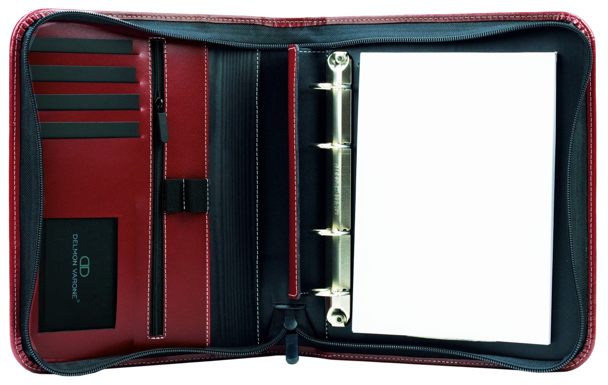 RV-Ringbuch DIN A5, incl. Memoblock, 4-Ring-25mm-Combimechanik CAMBRIDGE Top Grain Rindspaltleder mit heller Kontrastnaht rot