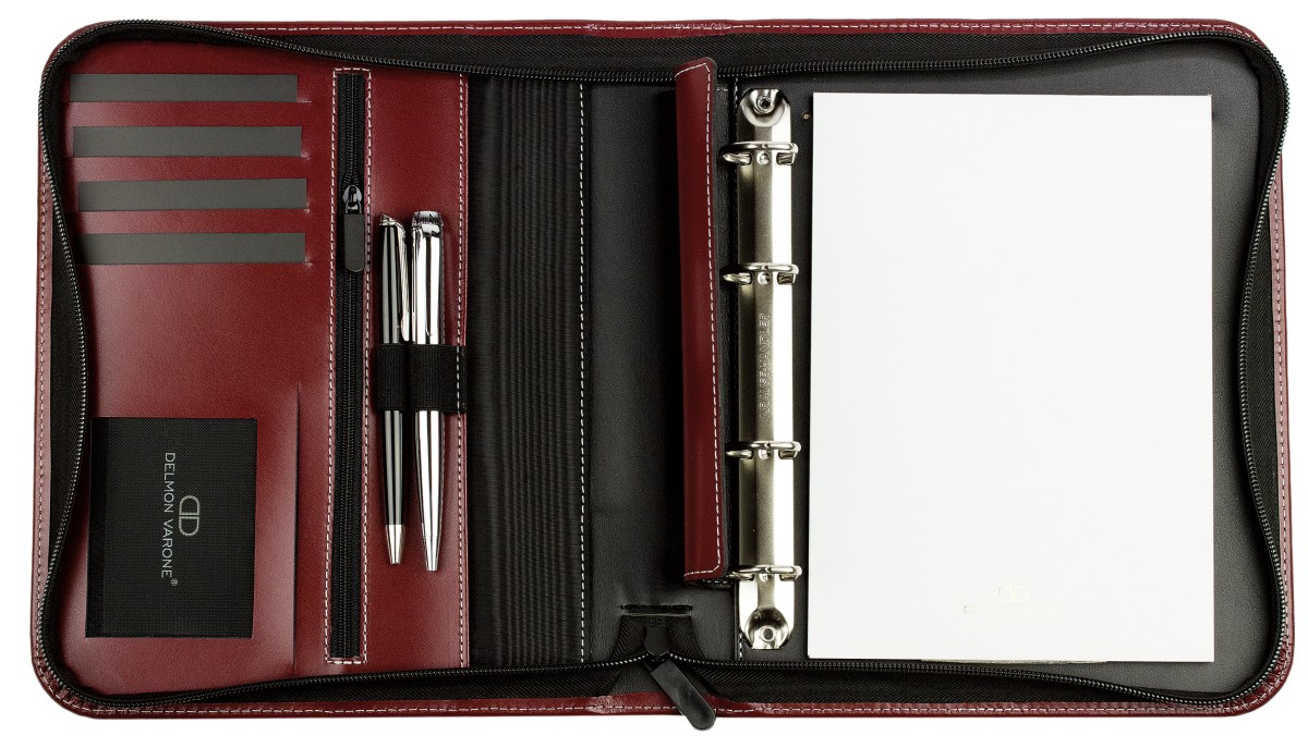 RV-Ringbuch DIN A5, incl. Memoblock, 4-Ring-25mm-Combimechanik CAMBRIDGE Top Grain Rindspaltleder mit heller Kontrastnaht rot