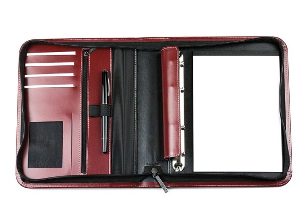 Design Ringbuch DIN A5, incl. Memoblock, 4-Ring-25mm-Combimechanik CAMBRIDGE Top Grain Rindspaltleder mit heller Kontrastnaht rot