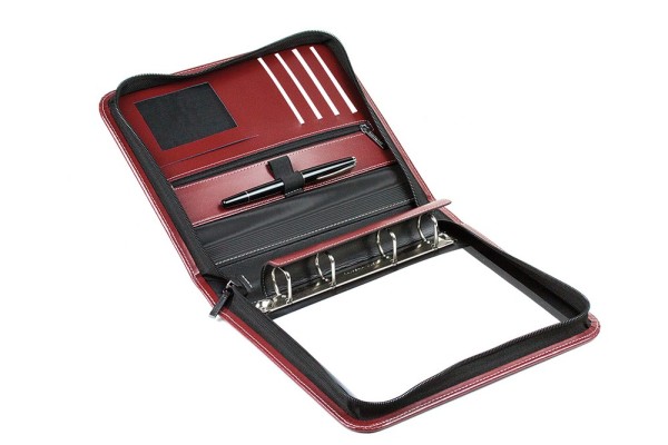Design Ringbuch DIN A5, incl. Memoblock, 4-Ring-25mm-Combimechanik CAMBRIDGE Top Grain Rindspaltleder mit heller Kontrastnaht rot