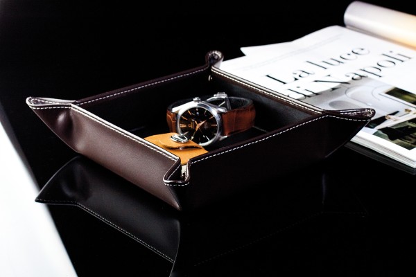 Taschenleerer / Utensilienschale CAMBRIDGE Top Grain Rindspaltleder mit heller Kontrastnaht dunkelbraun