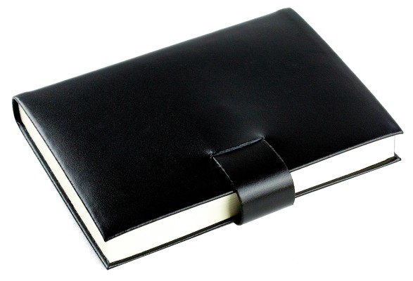 Notizbuch DIN A6 gebunden mit Verschlusslasche, CAMBRIDGE Top Grain Rindspaltleder schwarz
