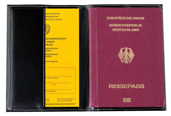 Reisepass / Impfausweis Etui CAMBRIDGE Top Grain Rindspaltleder mit heller Kontrastnaht schwarz