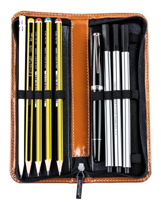 Lehrer Stifteetui mit Reißverschluss 10 + 2 - CAMBRIDGE Top Grain Leder - hellbraun
