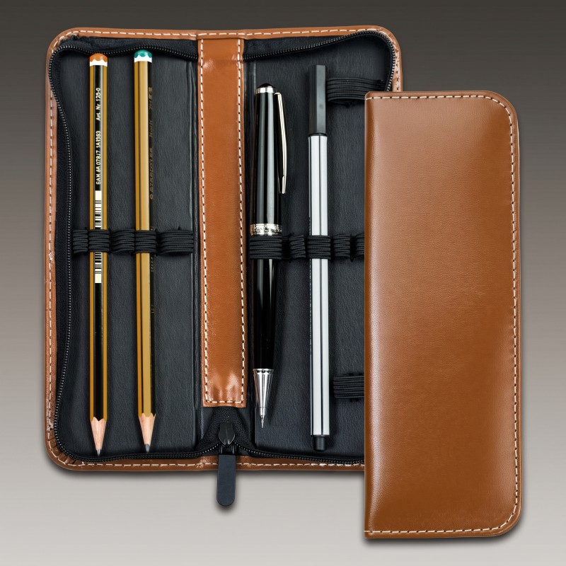 Lehrer Stifteetui mit Reißverschluss 10 + 2 - CAMBRIDGE Top Grain Leder - hellbraun