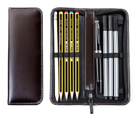 Lehrer Stifteetui mit Reißverschluss 10 + 2 - CAMBRIDGE Top Grain Leder - dunkelbraun