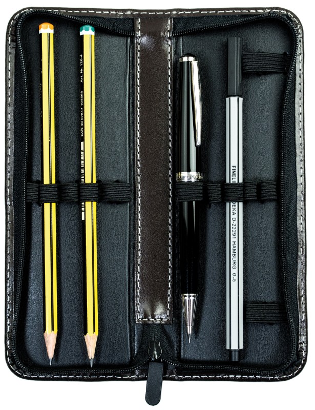 Lehrer Stifteetui mit Reißverschluss 10 + 2 - CAMBRIDGE Top Grain Leder - dunkelbraun