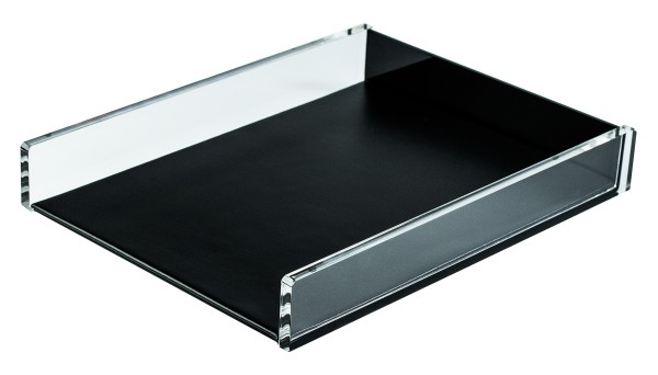 Briefablagekasten für A4 - ACRYL Kombination mit Top Grain Leder CAMBRIDGE schwarz (glatt)
