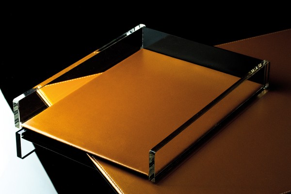 Briefablagekasten für A4 - ACRYL Kombination mit Top Grain Leder CAMBRIDGE hellbraun (glatt)