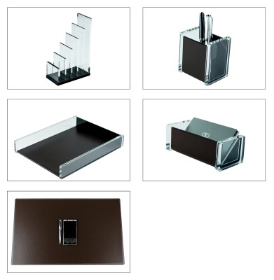 Schreibtisch Set "CAMBRIDGE" 5-teilig Kombination Acryl | Leder dunkelbraun