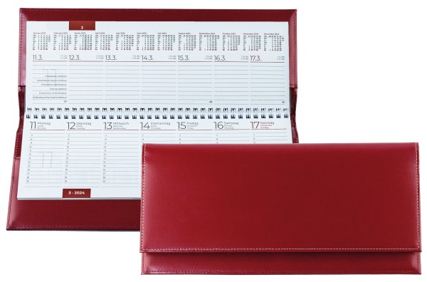 Tischquerkalender (auswechselbar) für 2025 + 2026 - Cambridge Top Grain Leder rot