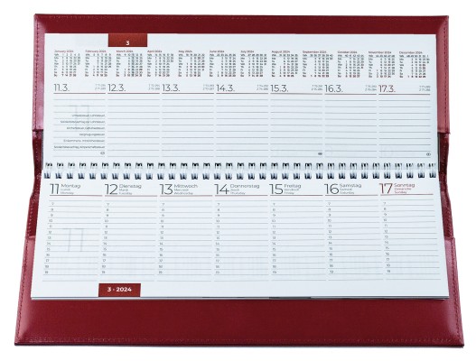 Tischquerkalender (auswechselbar) für 2025 + 2026 - Cambridge Top Grain Leder rot