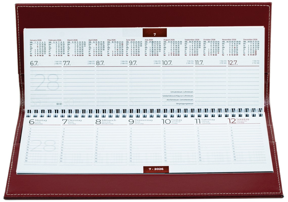Tischquerkalender (auswechselbar) für 2027 - Cambridge Top Grain Leder rot