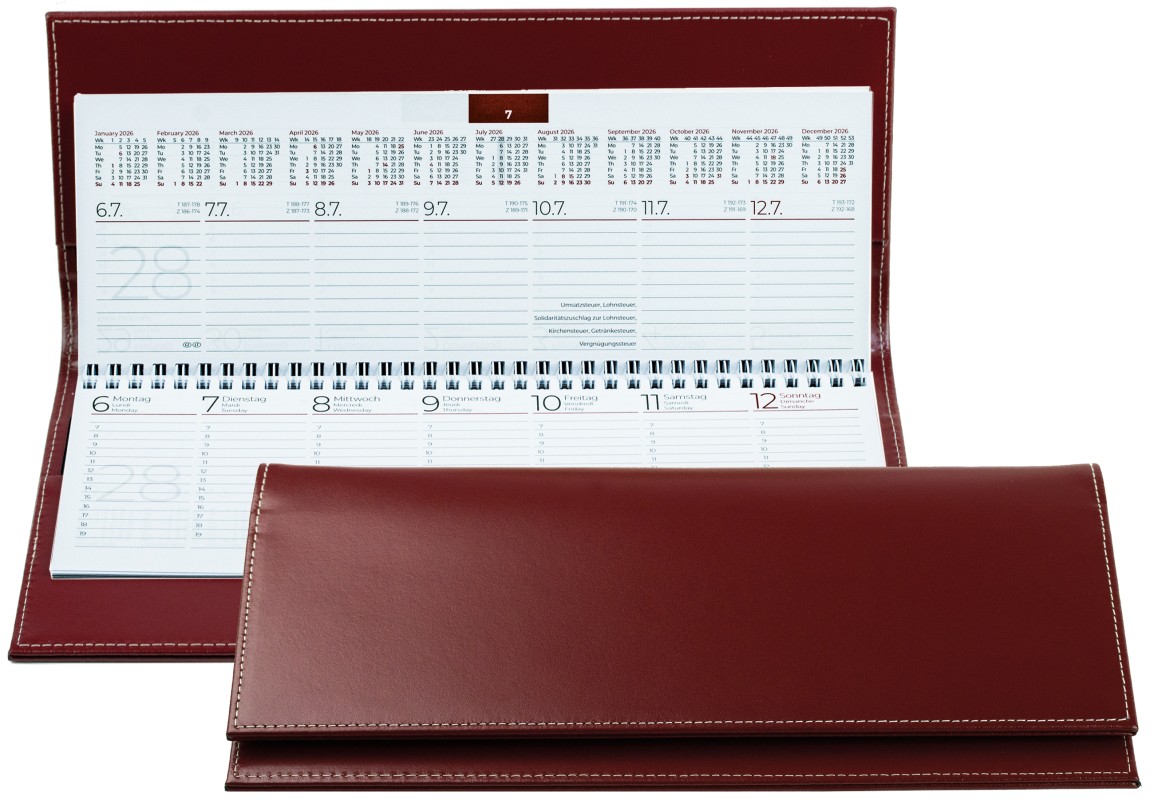 Tischquerkalender (auswechselbar) für 2027 - Cambridge Top Grain Leder rot