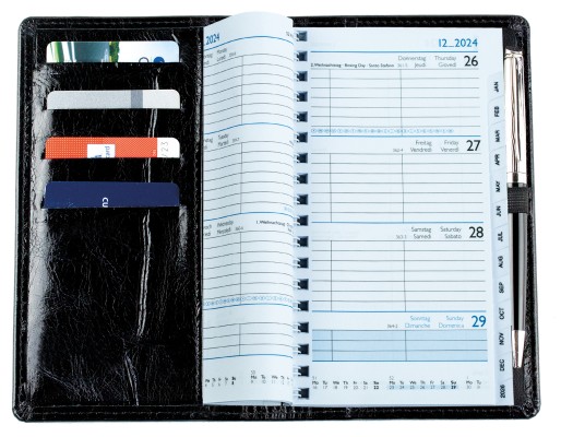 Taschenkalender mit Spiralbindung 2025 + 2026 in PREMIUM LEDER CROCO schwarz