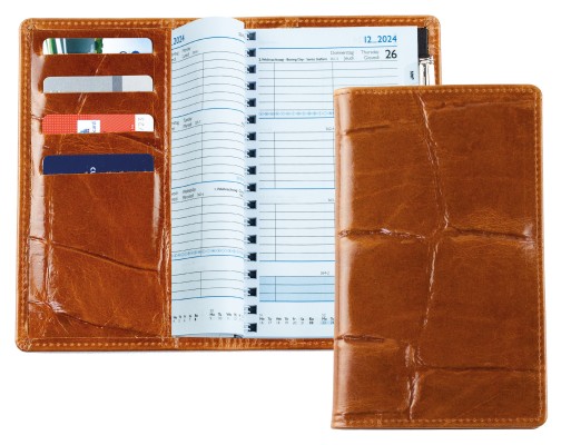 Taschenkalender mit Spiralbindung 2025 + 2026 in PREMIUM LEDER CROCO braun