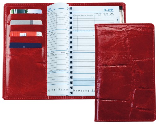 Taschenkalender mit Spiralbindung 2025 + 2026 in PREMIUM LEDER CROCO rot