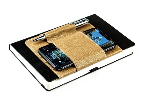 Magnetischer Smartphone-und Stiftehalter für Notizbücher SAFFIANO hellbraun metallic
