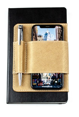 Magnetischer Smartphone-und Stiftehalter für Notizbücher SAFFIANO hellbraun metallic