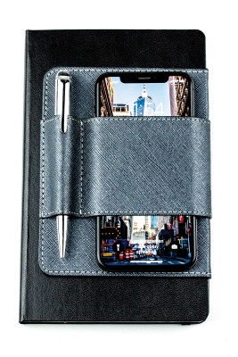 Magnetischer Handy-und Stiftehalter für Notizbücher SAFFIANO grau / blau metallic