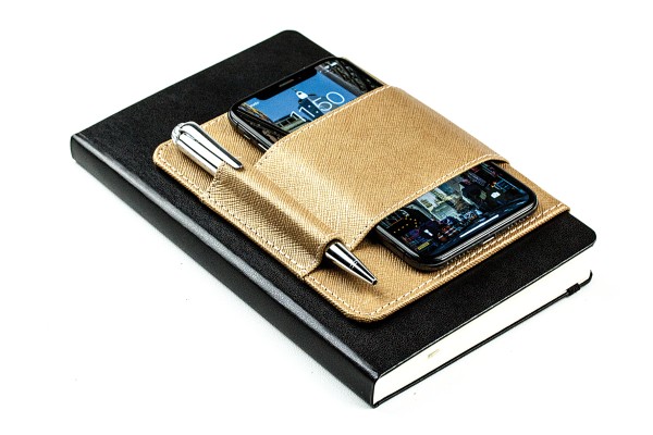 Magnetischer Smartphone-und Stiftehalter für Notizbücher SAFFIANO hellbraun metallic