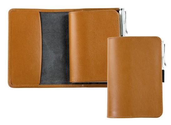 Pocket Notizbuch PREMIUM LEDER BOXCALF cuoiobraun (glatt) inclusive Drehkugelschreiber ART DECO