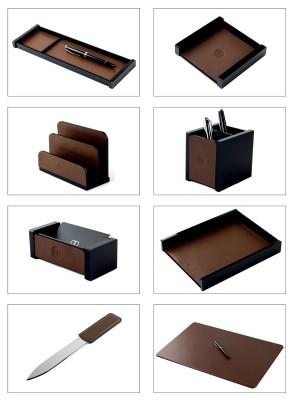 Schreibtisch Set "BOSTON" 8-teilig Kombination Acryl schwarz mit PREMIUM LEDER BOXCALF dunkelbraun