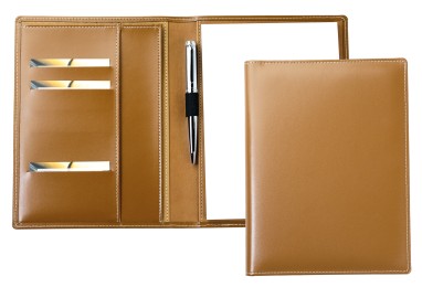Schreibmappe DIN A5, incl. Memoblock CAMBRIDGE Top Grain Leder mit heller Kontrastnaht hellbraun