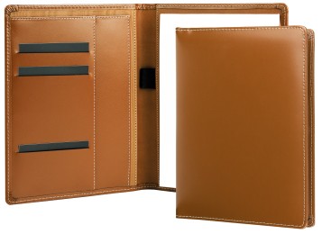 Schreibmappe DIN A5, incl. Memoblock CAMBRIDGE Top Grain Leder mit heller Kontrastnaht hellbraun