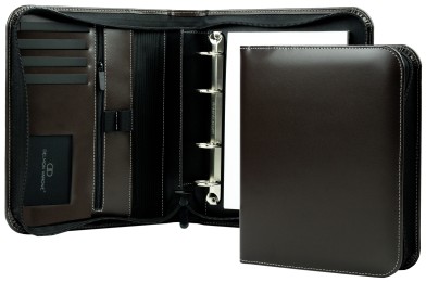 RV-Ringbuch DIN A5, incl. Memoblock, 4-Ring-25mm-Combimechanik CAMBRIDGE Top Grain Rindspaltleder mit heller Kontrastnaht dunkelbraun