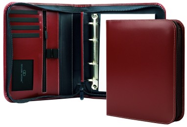 RV-Ringbuch DIN A5, incl. Memoblock, 4-Ring-25mm-Combimechanik CAMBRIDGE Top Grain Rindspaltleder mit heller Kontrastnaht rot