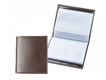 Visitenkartensammler mit 48 Klarsichthüllen CAMBRIDGE Top Grain Rindspaltleder mit heller Kontrastnaht dunkelbraun