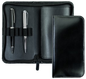 Federmappe mit Reißverschluß für 13 Schreibgeräte CAMBRIDGE Top Grain Rindspaltleder mit heller Kontrastnaht schwarz