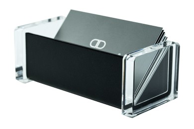 Visitenkartenspender - ACRYL Kombination mit Top Grain Leder CAMBRIDGE schwarz (glatt)